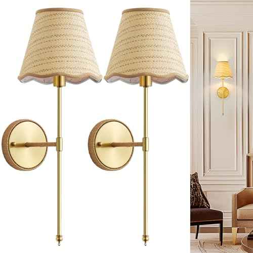 Natural Rattan Wall Sconces Set of 2, Boho Hand-Woven Wall Mounted Light Fixture Decor with Rattan Lampshade Wireless Sconces for Home Bedroom Living Room Hallway Kitchen Stairs(Gold)