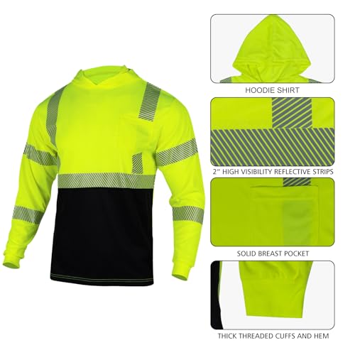 VENDACE 3pcs Safety Reflective High Visibility Long Sleeve ANSI Class 3 Hi Vis Construction Work T Shirts for Men with Hood