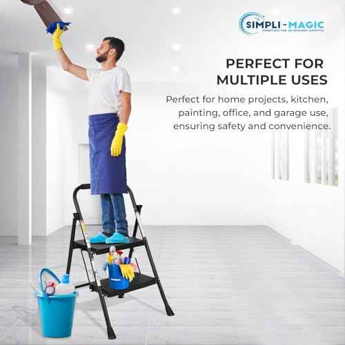 SIMPLI-MAGIC 2-Step Ladder, 800 LBS Capacity Folding Step Stool ? Anti-Slip Wide Steps & Handgrip ? ANSI Certified Lightweight & Durable Steel Stepping Stool for Kitchen, Home, Office & Garage