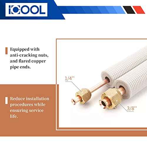 ICOOL 10 Ft. Mini Split Line Set, 1/4" & 3/8" O.D. Twin Copper Pipes, 3/8" Thickened PE Insulated Coil Copper Line for Air Conditioner HVAC Refrigeration and Heating Equipment, with Fittings