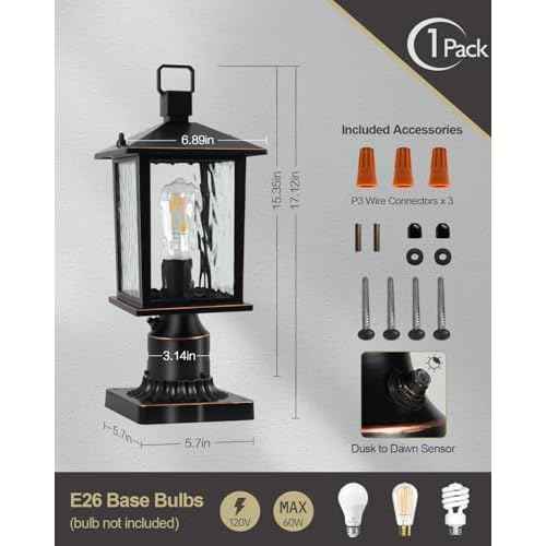 Dusk to Dawn Outdoor Post Light, Hardwired Oil-Rubbed Bronze Pole Lantern with Pier Mount Base, Water Ripple Glass, Waterproof Lamp Post Light Fixture for Driveway, Pathway, Garden, 1 Pack