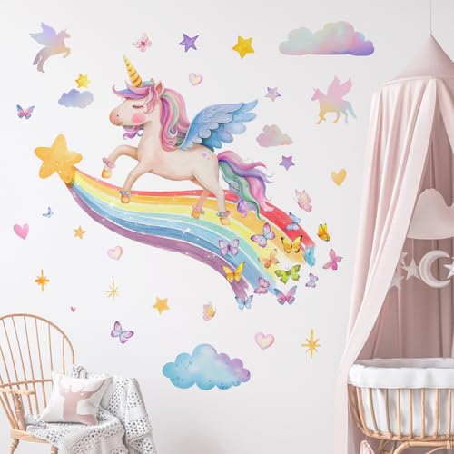 Yovkky Unicorn Rainbow Wall Decals Stickers, Cloud Stars Love Hearts Butterfly Toddler Baby Nursery Decor, Home Decorations Girls Kids Bedroom Playroom Art