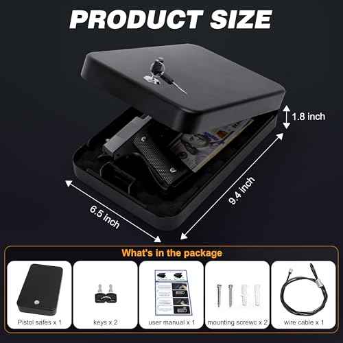 Portable Gun Safe for Pistols, Small Handgun Lock Box with Combination Lock or Key Lock, Portable Travel Pistol Safe for Travel, Home, Car (Large-Key)