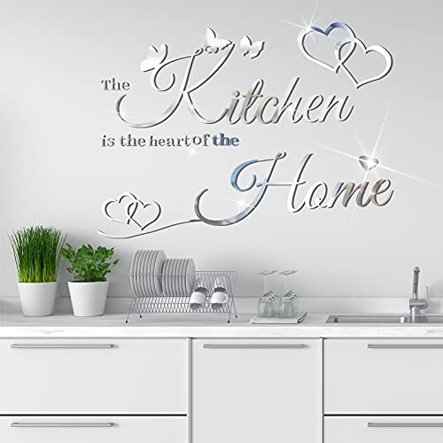Kitchen Wall Stickers Kitchen The Heart of The Home 3D Acrylic Mirror Wall Decal Removable Quotes Sign Butterfly Heart Saying Decals DIY Art Decoration for Home Dining Room