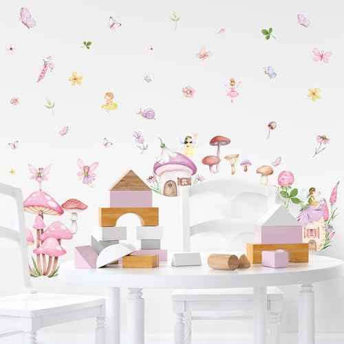 9 Sheet Fairy Mushroom Wall Decal Woodland Pink Mushroom Spring Floral Mural Sticker Peel and Stick Forest Nursery Wallpaper Decal for Bedroom Living Room Playroom Decor