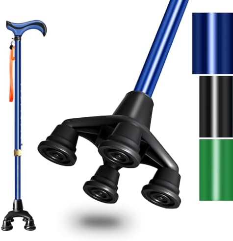 DEOMAi Quad Cane Self Standing Adjustable Walking Cane for Men Women Seniors with Comfort Grip Handle 360Â° Pivoting Cane for All-Terrain Lightweight & Durable