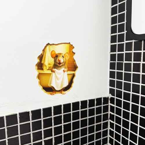 GRITKULTURE Removable Mouse Taking a Shower in Mouse Hole Decal Sticker 5.1inch 2 Pack. Mouse Hole in The Wall Sticker with 3D Effect. Wall Decoration, Funny Gift, Potty Training, Prank (#5)