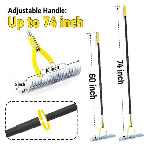 Thatch Rake for Lawn with 74inch Handle, 15 inch Dethatcher Rake for Grass to Cleaning Dead Grass, Efficient Steel Metal Rake for Dethatching, Heavy Duty Thatching Rakes for Garden, Yard