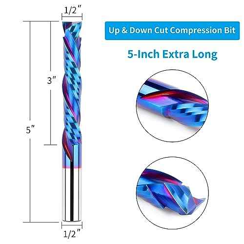 Compression Spiral Router Bit 1/2 Inch Shank, Extra Long 5 Inch Overall Length, 3 Inch Cutting Length, UP&Down CNC Router Bits for Woodworking Milling Slot Mortise