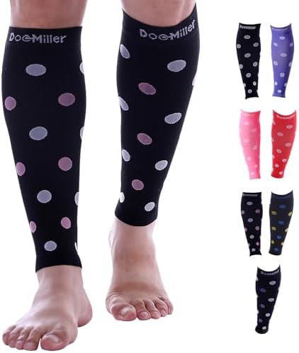 Doc Miller Calf Compression Sleeve – Footless Socks for Women & Men, 20-30mmHg, Shin Splint & Leg Cramp Support, Varicose Veins, Knee High, 1 Pair, Polka Dot