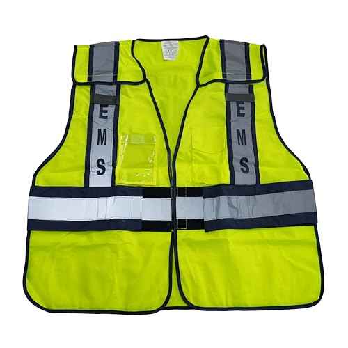 LINE2design High Visibility Front Pocket Safety Vest With Reflective Strips & EMS ANSI Polyester Fabric Yellow with Navy Trim, S-XXL, Average Size is Large