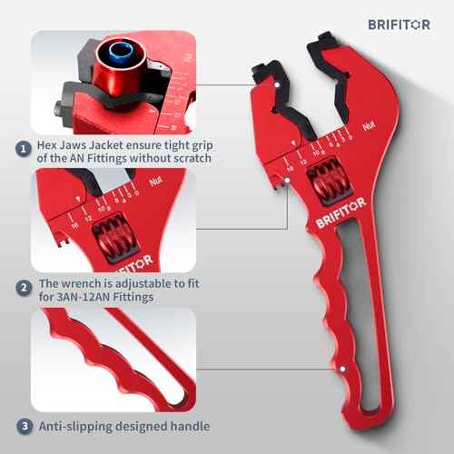 Non Marring AN Fittings Wrench Adjustable Aluminum AN Wrench For 3AN-16AN Hose End Fittings With Replaceable Hex Type & Flat Type Jaw Protectors, Red.