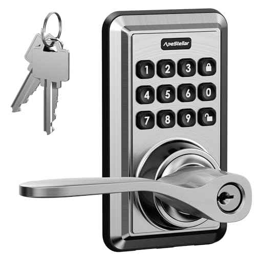 Keyless Entry Door Lock, Keypad Door Lock with Handle Lever, Door Knob with Keypad, Auto Lock, Passage Mode, Easy Installation, Satin Nickel