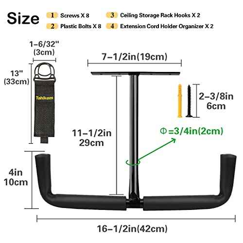 2 Set Overhead Garage Storage Rack, Heavy Duty Overhead Storage Double Hook, Ceiling Mount Hanger Safe Racks Hooks, Hanging for Lumber Ladder Storage & Other Bulky Items (Pack of 2 - Black)