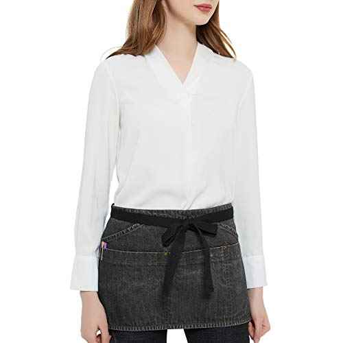 100% Cotton Denim Unisex Waist Apron, 7 Pockets with Zipper Pocket & Pen Pocket, 11" X 23" (Black)