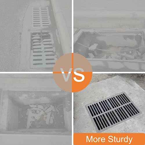 Cast Iron Drain Grate and Frame, 12x8 Outdoor Drain Cover, B Class Sewer Grate with Base, Durable Heavy Duty Channel Grate, Black Rectangle Drainage Grate for Driveway, Concrete, Yard
