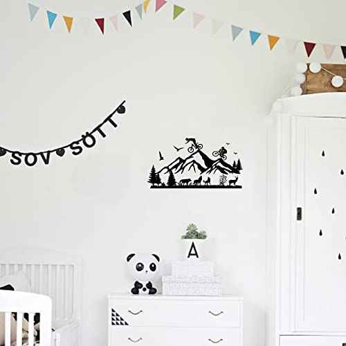 SUPERDANT 2 Sheets Wall Sticker Mountain Bike Riding Outdoor Sport Wall Decal Peak Forest Animals Pattern Vinyl Wallpaper Art Stickers for Home Living Room Bedroom Decor Black