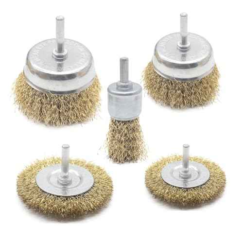 5PC Brass Coated Wire Wheel Brush Kit for Drill, Crimped Cup Brush with 1/4-Inch Shank,0.13mm Coated Brass Wire Brushes, for Fast Removal of Rust, Paint and Scale from Metal and Wood