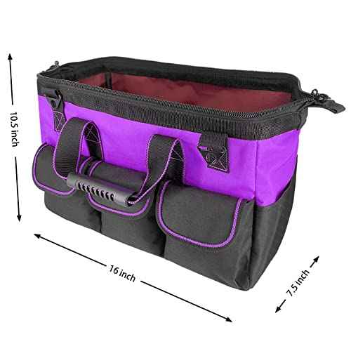 Garden Tools Bag 16 inch Wide Mouth Tool Bag with Molded Base Tool Tote for Women, Heavy Duty,600D polyester fabric (Purple color)