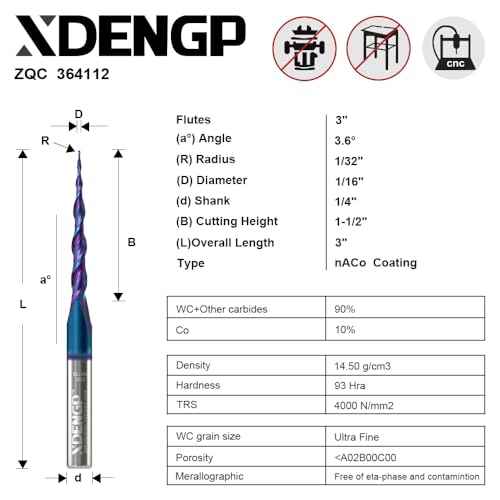 Spiral Tapered Ball Nose Spiral Router Bit for CNC, 3.6 Deg 1/32" Tip Dia, 3 Flute and 1-1/2 inch Cutting Length 1/4 inch Shank with NACO Coated Carbide End Mill for Wood 2D/3D Carving