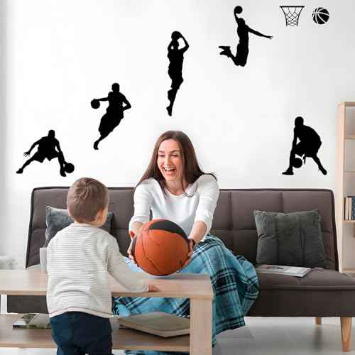Basketball Dunk Wall Decal Stickers, 6 Man Playing Basketball Vinyl Art Wall Sticker for Bedroom Dorm Room Playroom Stadium Gym Home Decoration