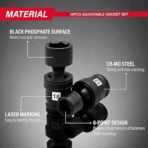 Universal Swivel Impact Socket Set, Premium Cr-Mo Steel | 15-Piece Metric 8mm - 22mm Set | 6 Point | 3/8-Inch Drive