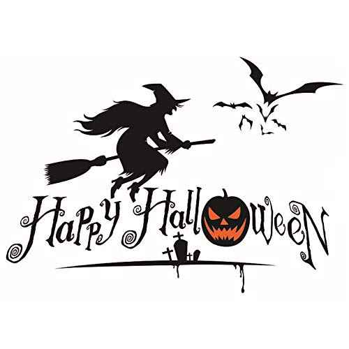 BooDecal Happy Halloween Wall Decals Stickers with Flying Witch and Bats Art Design for House Decorations Removable Halloween Series Wall Decals Stickers