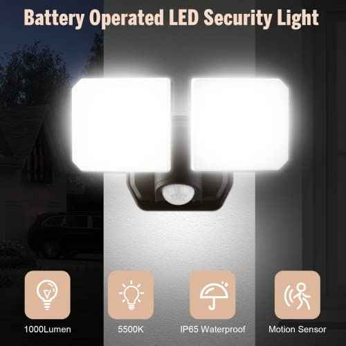 Battery Powered Motion Sensor Security Light(2 Pack),5000K 1000LM High Brightness,6 -Month Battery Life,No Wiring Installation,49FT Sensing Distance,Indoors or Outdoor Used