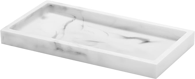 Luxspire Bathroom Vanity Tray, 8 x 4 inch Resin Kitchen Sink Tray for Soap Dispenser Bathroom Countertop Organizer Plate Holder for Perfume Soap Towel Bathroom Accessories, Mini, White Marble