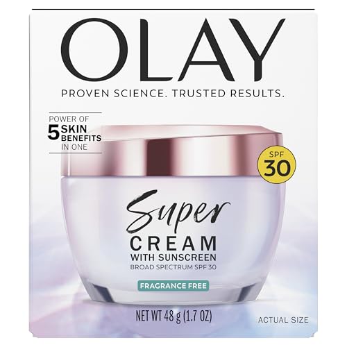 Olay Super Cream with Sunscreen SPF 30, Fragrance Free Lightweight Face Moisturizer with Sun Protection, 5-in-1 Skin Care - Hydrating, Brightening - Niacinamide, Vitamin C, Collagen, 1.7 oz