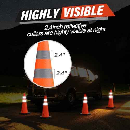 RoadHero 28 Inch Collapsible Traffic Safety Cones with Black Weighted Base, Construction Orange Cones with Reflective Collars for Road Safety, Driving Training, Parking Lots, 4 Pack