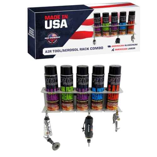 Pit Posse PP3353 Pneumatic Tool Holder Aerosol Rack Combo-Made in USA- Wall Mounted Spray Can Bottle Holder, Air Tool Organizer for Garage, Trailer,Workspace, Toy Hauler- Holds 5 cans, 6 Slots