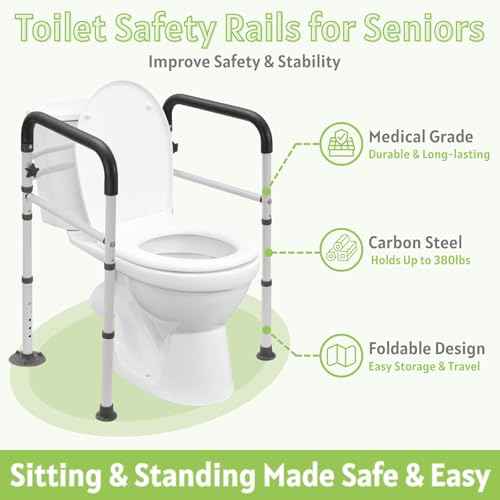 Toilet Safety Rails for Seniors - Adjustable & Foldable Medical Toilet Safety Frame - Heavy Duty Stand Alone Toilet Handles Support for Elderly Disabled & Handicap - Fits Most Toilets (380 lb)