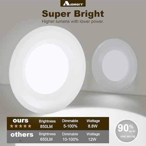 12 Pack Recessed Lighting 6 Inch Retrofit LED Can Lights 5CCT Selectable 2700K/3000K/3500K/4000K/5000K Dimmable Downlight, Smooth Trim, 8.8W, 850LM, Wet Rated - ETL & Energy Star