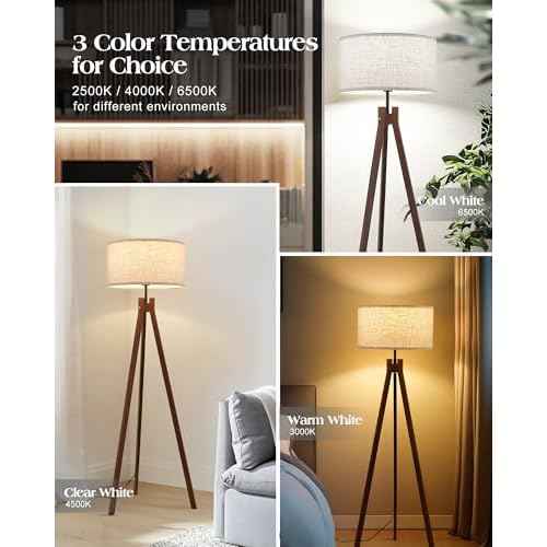 ELYONA Wood Tripod Floor Lamp, Mid Century Reading Standing Lamp with 3 Color Temperatures & Linen Shade, Modern Night Light for Bedroom, Farmhouse, Living Room, Office, 9W LED Bulb Included, Brown