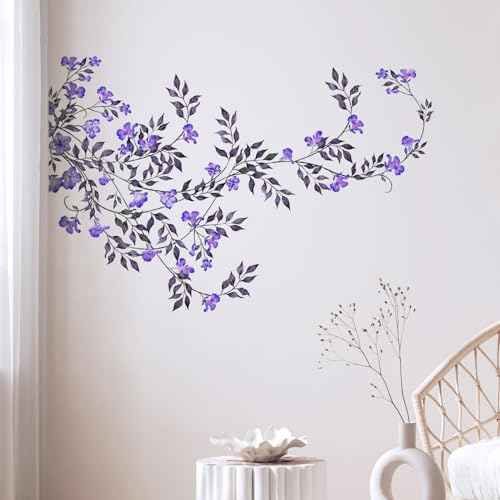 Supzone Purple Vine Flowers Wall Decal Hanging Vine Branch Floral Wall Stickers Self-Adhesive Wall Art Decor for Living Room Bedroom, Office, Sofa, TV Backdrop Home Decor
