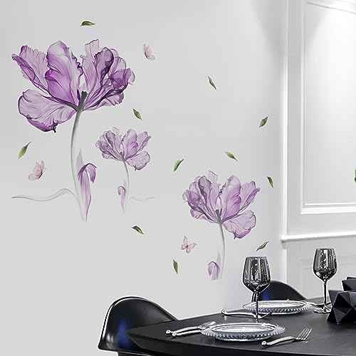 Runtoo Purple Flower Wall Decals Poppy Floral Wall Art Stickers for Girls Bedroom Living Room Bathroom Office TV Background Decor