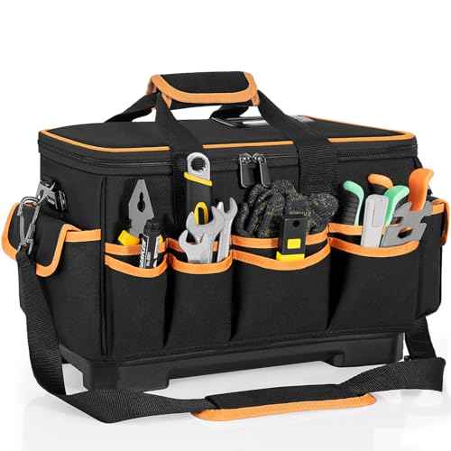 14 Inch Tool Bag with Waterproof Hard Bottom, Large Multi-Pockets Tool Tote Box Organizer Heavy Duty Storage Case