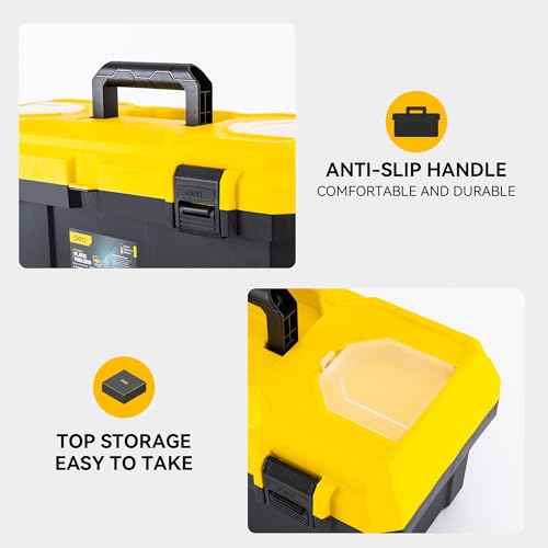 DELI 16-inch Tool Box with Removable Tray, Small Parts Organizer in Lid, Plastic Small Tool Box with Lock Secured and Handle, Black/Yellow