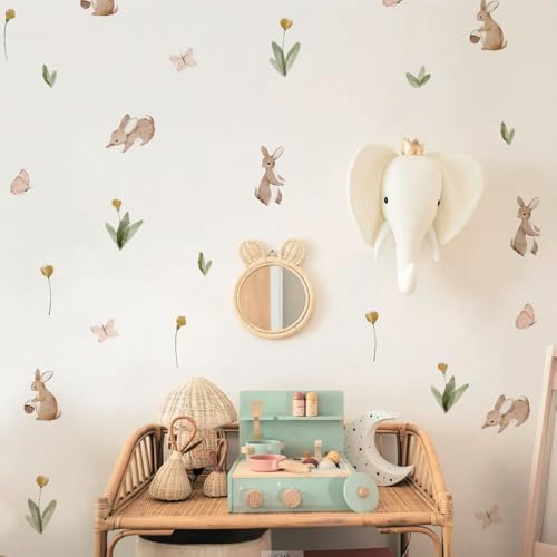 Summertime Watercolor Cute Bunnies and Flowers Nursery Wall Decal, Peel and Stick Reusable and Removable Kids Wall Stickers