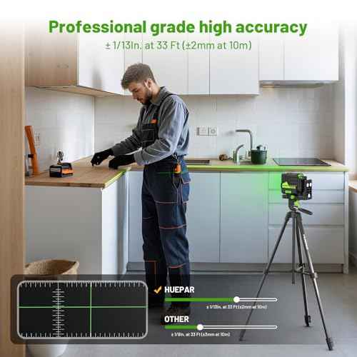 Huepar Laser Level with 60in Tripod, 1/13 High Accuracy Self Leveling Green Cross Line Lazer Leveler for Picture Hanging, Tile, Home Renovation, with Pluse Mode for Outdoor, Carry Case, Glasses