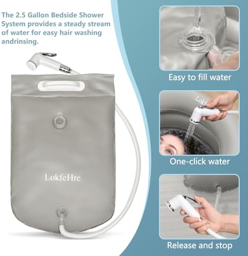 Bedside Shower Water Bag - 2.5 GL Portable Water Shower Bag For Hair Washing In Bed. Use with Inflatable Shampoo Basin, Inflatable Hair Washing Basin, Inflatable Bathtub For Elderly (Grey)