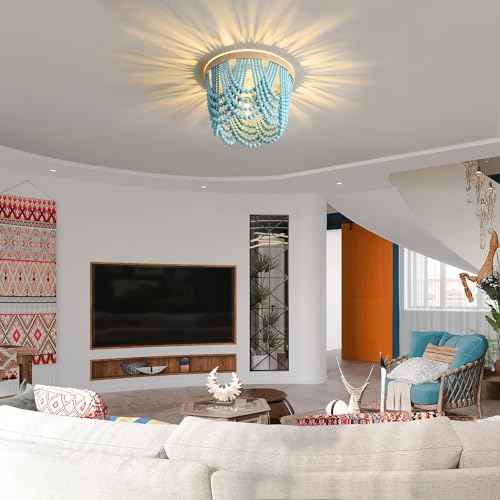 Bohemian Beaded Chandelier - 3 Shallow Wood Beads Ceiling Light for Nursery and Bedroom (Blue)