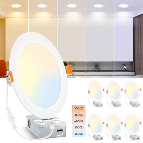 BesLowe 6 Packs 8 Inch 5CCT LED Recessed Ceiling Lights Ultra-Thin with Junction Box, 12W 150W Eqv, 3000K/3500K/4000K/5000K/6500K, 1200LM Dimmable Canless Downlights for Kitchen Hallway Dining Room