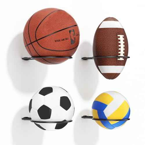 Ball Holder Wall Mount Set ?Sports Ball Racks for Basketball, Soccer, Volleyball, Football ? Wall Storage & Display for Sports Room