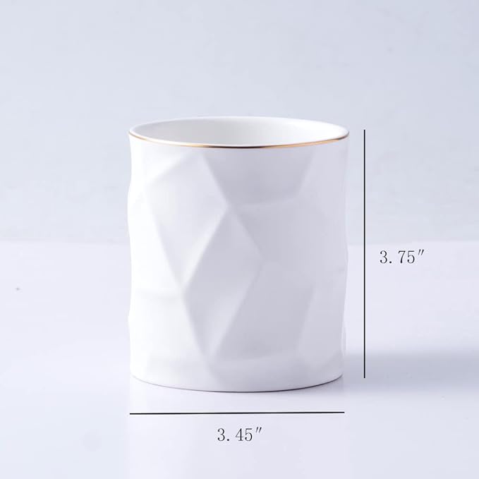 Ceramic Irregular Round Pen Holder For Desk Cute Stand Gold Line Pencil Cup Pot Desk Organizer for Girls Makeup Brush Holder (White)