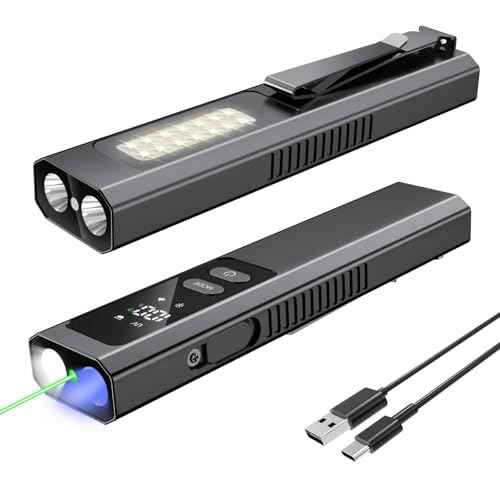 EDC Flat Flashlight 4 in 1 Pocket Magnetic Flashlight High Lumens Work Light with Green Beam & UV Light & Warning Light Combo EDC Rechargeable LT-010 (Black)