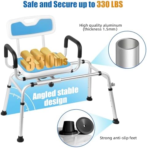 Sliding Shower Chair Tub Transfer Bench with Swivel Seat-Adjustable Height, Padded Armrests & Non-Slip Feet - Shower Chair for Inside Tub, Ideal for Seniors & Disabled