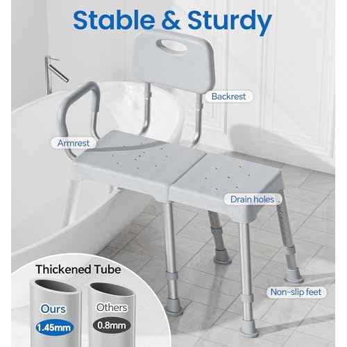 HOMLAND Tub Transfer Bench for Bathtub, Heavy Duty Shower Bench with Reversible Backrest, Six Slip-Resistant Feet, Height Adjustable Shower Chair for Elderly and Disabled, 400 lb Weight Cap