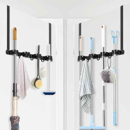 Broom Holder Over The Door 2Pack - 304 Stainless Steel Mop and Broom Hanger Wall Mounted or Hanging Over The Door with Hooks - Tool Organizer for Garage Closet Laundry Kitchen Decor